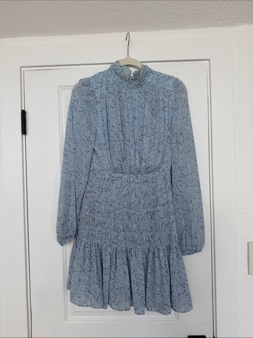 House of Harlow Light Blue Floral Long-Sleeve Smocked Waist Dress